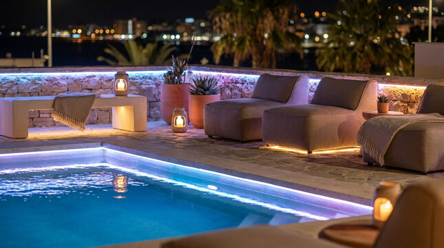 Luxurious Outdoor Rooftop Pool at Night