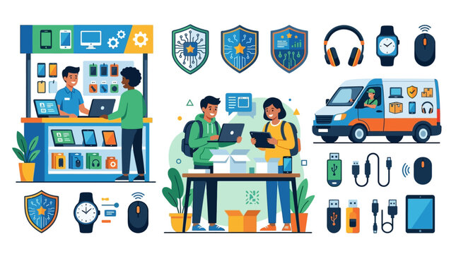 Back to School Tech Gadgets Vector Bundle Showcasing Electronics Kiosk and Tech Van Icons Crafted for Textless Student Digital Templates