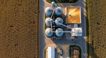 Aerial View of an Industrial Corn Drying and Storage Facility Amidst Agricultural Fields