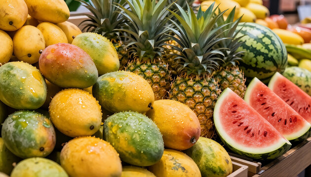 Fresh Tropical Fruits Display with Mangoes Pineapples and Watermelon
