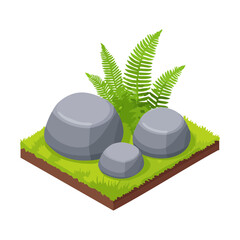 Isometric small boulder rock pile surrounded by wild green fern leaves on a patch of grassy soil for outdoor landscape © color