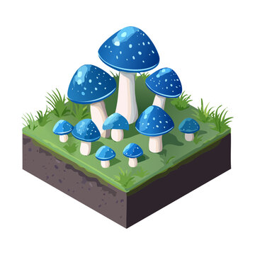 Isometric group of magical blue mushrooms growing on dark fertile soil for fantasy forest mapping and game environment decoration
