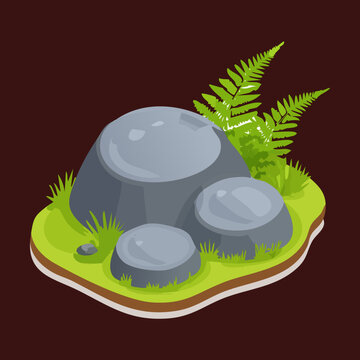 Isometric pile of grey river stones and boulders covered with green fern leaves on a dark earth patch game graphic