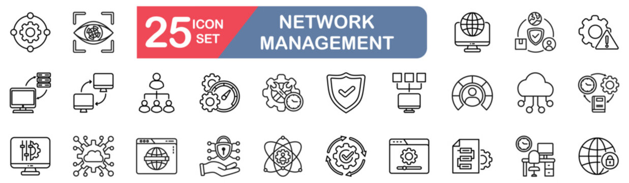 Network Management set of web icons in line style. vector illustration concept relate to monitoring,connectivity,bandwidth,latency,security,topology,protocol