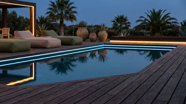 Luxury poolside retreat with modern lighting at dusk