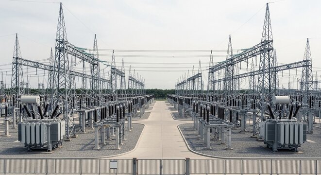 Expansive electrical substation with rows of power transmission towers and equipment under a clear sky.