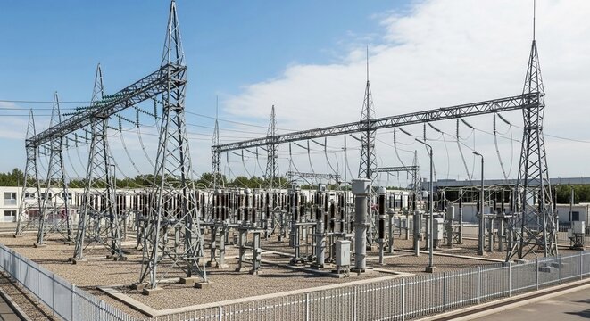 Expansive electrical substation with towering structures and complex power transmission lines under a clear blue sky