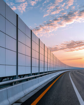 Modern Highway Noise Barrier Panels Along Empty Road At Sunset
