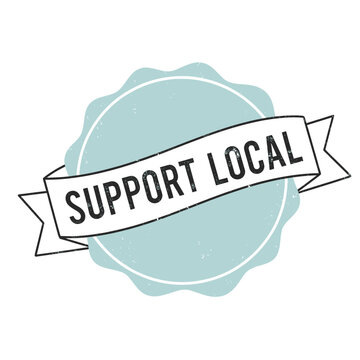Support Local badge stamp graphic with ribbon on distressed teal circle