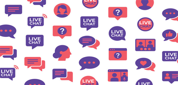 Live Chat Communication Icons Seamless Pattern with Messaging Bubbles, Customer Support Symbols, Online Help Elements, and Digital Conversation Background Design