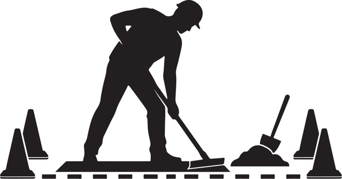 Silhouette of a worker sweeping, with traffic cones and broom