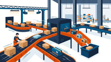 Automated conveyor belt system in a modern logistics warehouse. © Muhammad