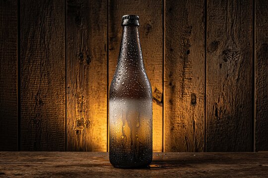 Frosted glass bottle of artisanal craft beer with condensation on wooden background, a refreshing drink.