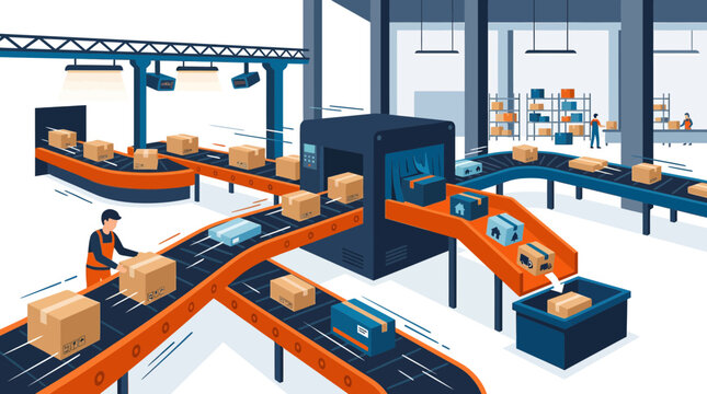 Automated conveyor belt system in a modern logistics warehouse.