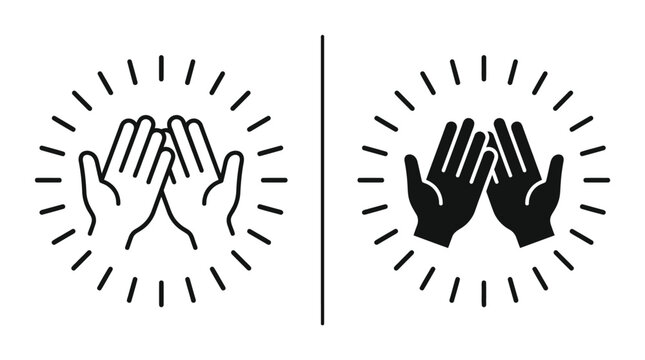 Minimalist vector illustration showing two open hands raised in prayer with a radiating sun effect