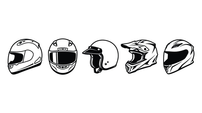 Set of five detailed motorcycle helmets in a clean black and white vector graphic style