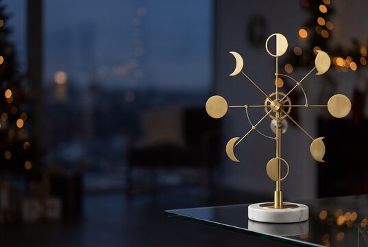 Desktop kinetic sculpture of golden metal moon phases on a sleek glass table. Blurred dark twilight background serves as functional copy space for lunar calendar concepts.