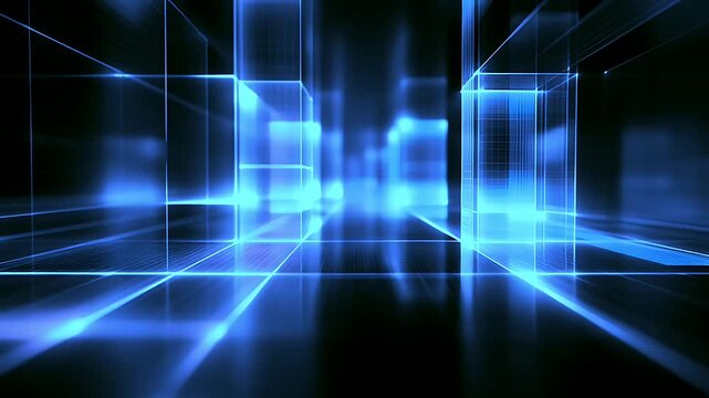 Abstract background with glowing blue transparent cubes and light streaks in a dark space.