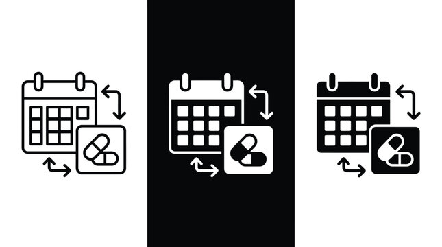 Minimalist vector illustration of a medical calendar icon set featuring pills and cyclical arrows symbols