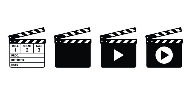 Black and white vector illustration showing four distinct film clapperboard icons for professional media production