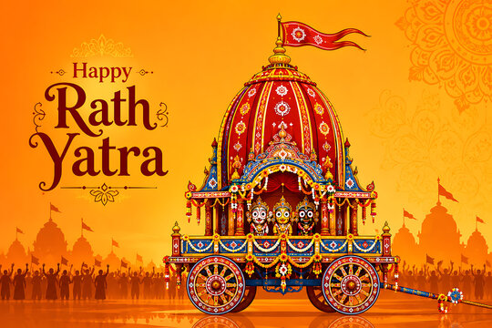 Bright vivid colorful chariot illustration above silhouette crowd honoring divine jagannath ratha yatra puja celebration representing beautiful ancient ratha yatra festival culture