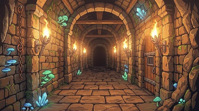 Pixel Art Medieval Dungeon Corridor with Torches and Glowing Crystals