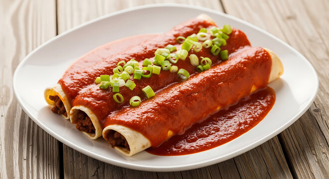 Delicious homemade beef enchiladas topped with red sauce and green onions