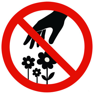 No picking flowers sign, red circle with hand and flowers