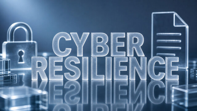 Futuristic glass text reading cyber resilience with a padlock and document icon on a blue reflective technology background.