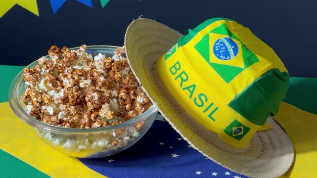 A bowl of popcorn, a straw hat, a scarf with the Brazilian flag symbol and the word "Brasil" (in Portuguese), and colorful flags in the background. Traditional Brazilian June festival. Arrai&aacute;.
