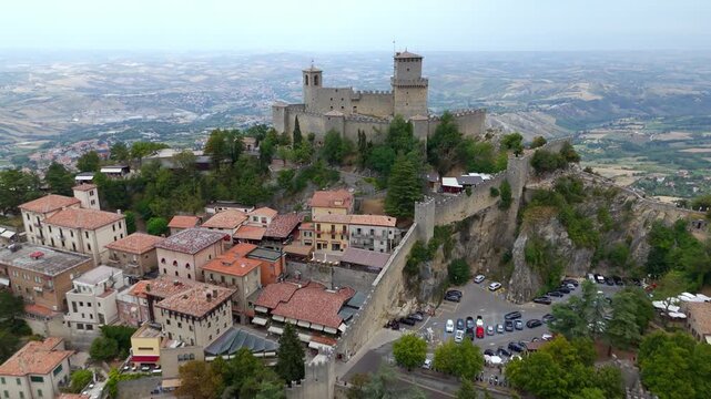 Aerial view of Guaita Tower and San Marino city on Monte Titano