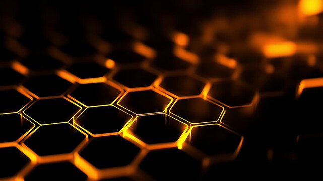 Abstract background with glowing orange hexagonal geometric shapes and depth of field.