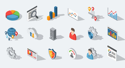Fototapeta premium Isometric Icons Representing Data Analysis and Business Concepts.
