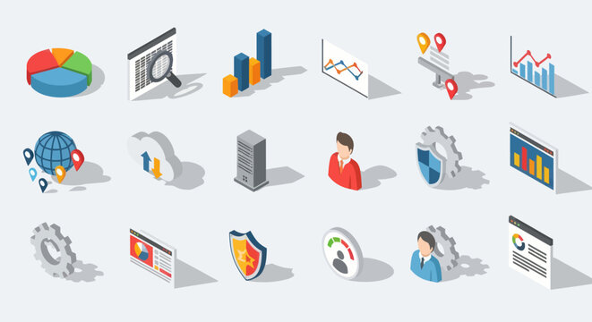 Isometric Icons Representing Data Analysis and Business Concepts.