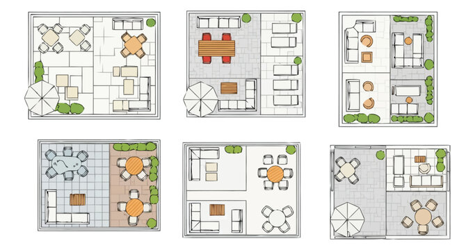 Various detailed overhead perspectives showcase unique outdoor patio seating arrangements and furniture layouts for residential and commercial spaces offering inspiration for landscape design