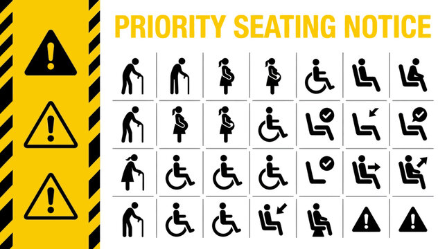 Public transport priority seating icons and warning signs for accessibility and safety