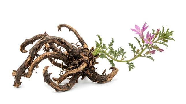 Devil's Claw medicinal root plant with pink flower stem isolated on white background, realistic herbal medicine botanical photography