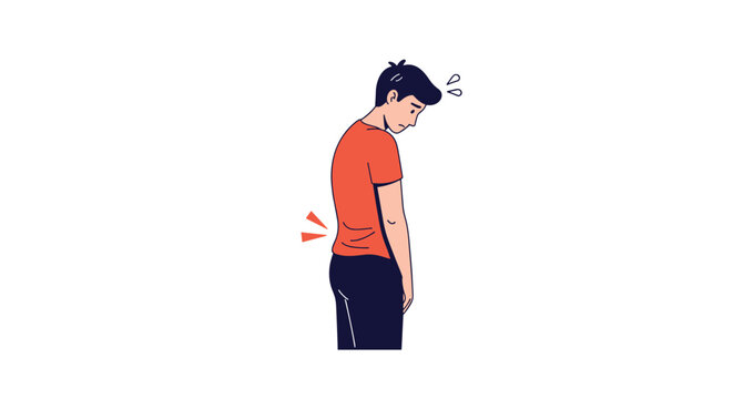Young man suffering from severe lower back pain and muscle strain while bending forward and clutching his spine with discomfort.
