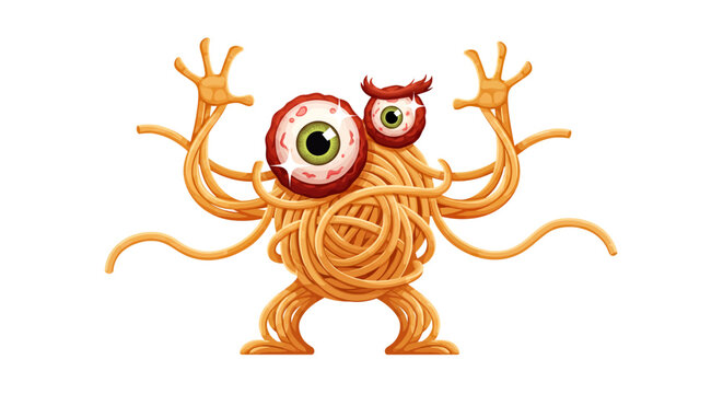 Spaghetti noodle monster creature with meatball eyes