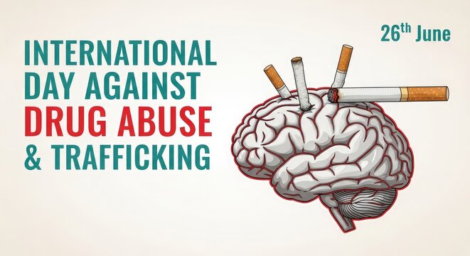 Medical brain illustration with burning cigarette campaign banner for international day against drug abuse and trafficking