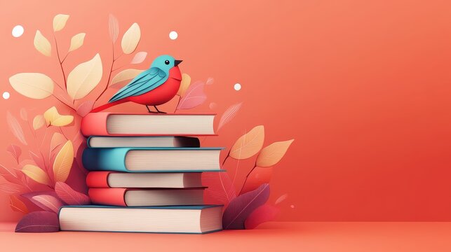 A charming bird perched atop a stack of colorful books with delicate foliage in a soft, warm-toned setting