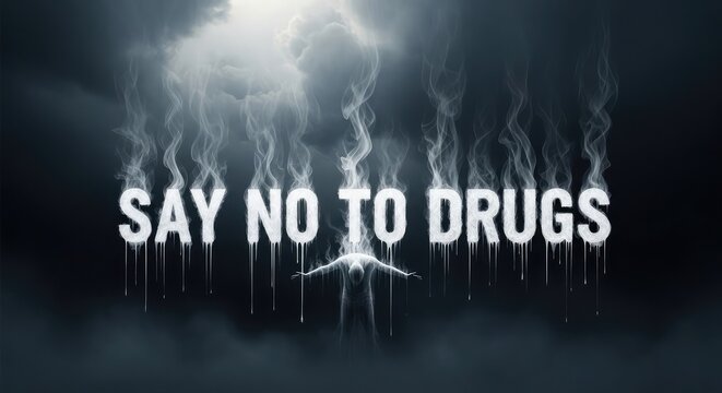 Dark smoke effect typographic banner text say no to drugs awareness campaign vector background illustration
