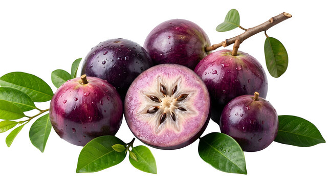 Fresh purple star apple fruit with green leaves