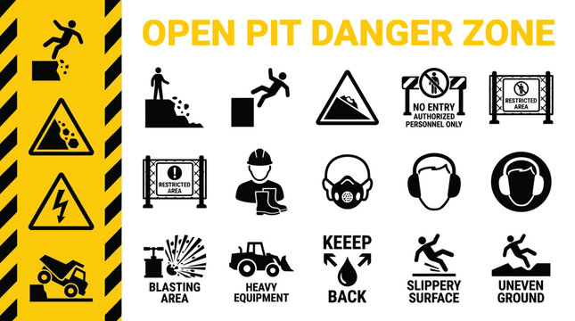 Collection of Safety Warning Signs for Construction Sites and Industrial Areas, Hazard Symbols, and Pictograms