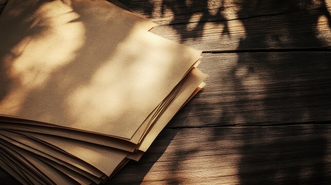 A stack of aged brown paper sheets on a rustic wooden table, bathed in natural light and shadow patterns.