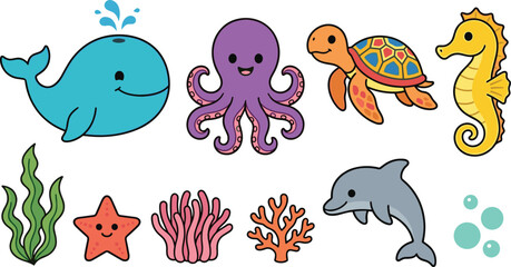 Obraz premium Cute Cartoon Sea Animal Vector Sticker Set Featuring Whale, Octopus, Sea Turtle, Seahorse, Dolphin, Starfish, Seaweed, and Colorful Coral Reef Elements