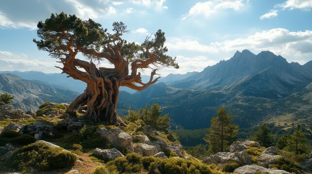 Ancient gnarled tree stands on rocky mountain slope overlooking vast valley and distant peaks