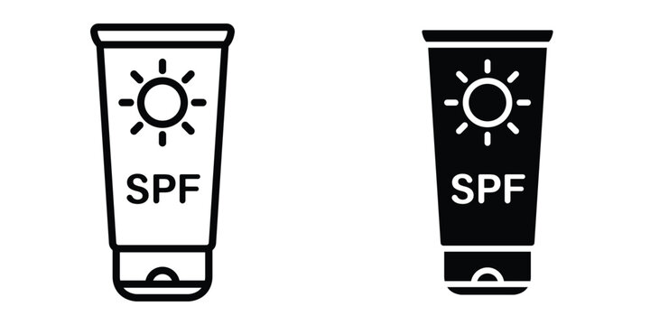Sunscreen icon set in outlined drawings with flat version.