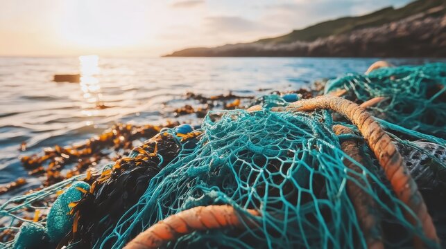 Discarded fishing nets entangled in seaweed near a polluted shore with soft lighting