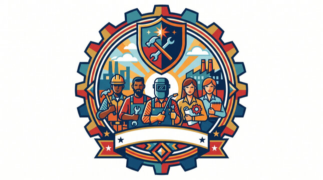 United Workforce Emblem Representing Diverse Skilled Professions, Industrial Trades, and Collaborative Expertise for Global Progress and Community Development